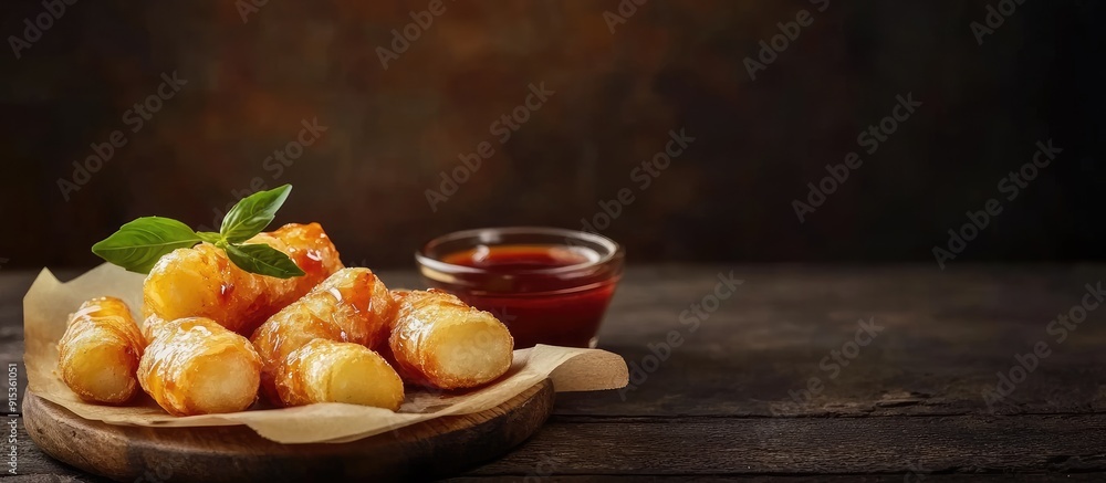 Poster crispy fried potato rolls with chili honey. with copy space image. place for adding text or design