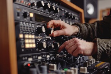 Close Up Of A Hand Adjusting The Knobs On An Audio Mixing Board.