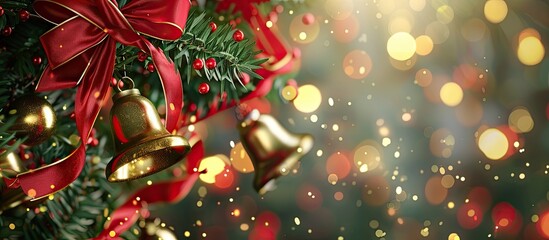 Christmas ornaments including a red bell with a ribbon are utilized for Christmas and New Year celebrations. with copy space image. Place for adding text or design
