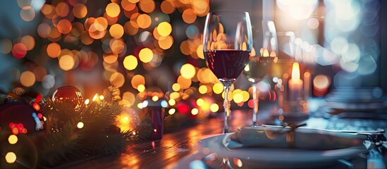 Perspective of a table set against blurred Christmas lights. with copy space image. Place for adding text or design