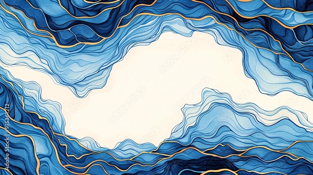 Poster this abstract artwork displays a dynamic pattern of wavy blue lines with golden accents on a white b