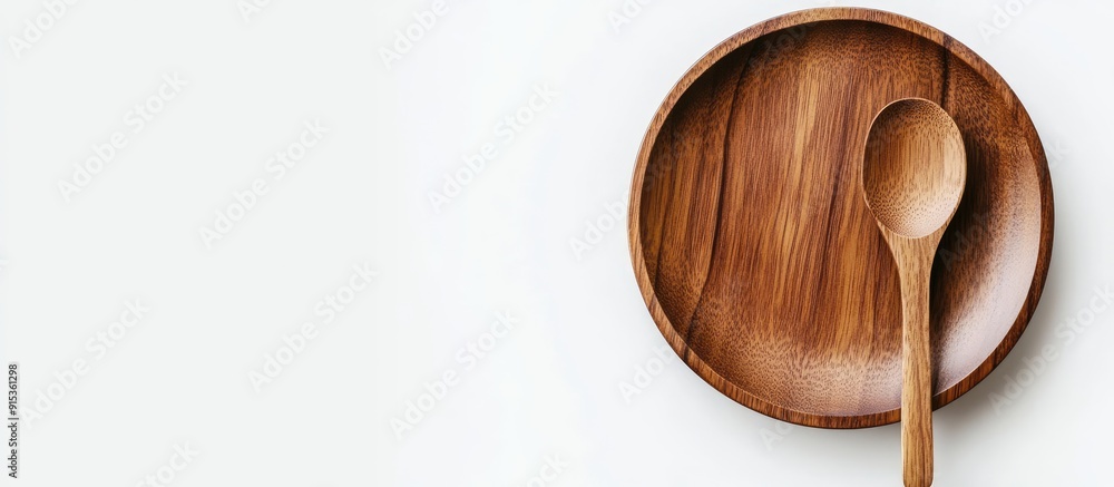 Poster an empty wooden spoon and plate on a white background featuring wooden dishware and tableware. with 