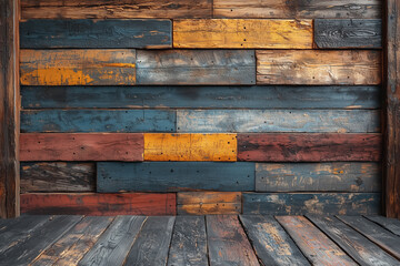 Weathered wooden planks in a rustic setting with rich textures and warm tones
