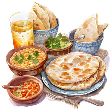 Watercolor of Egyptian Breakfast : Egyptian breakfast includes ful (seasoned beans) and pita bread, breakfast set.