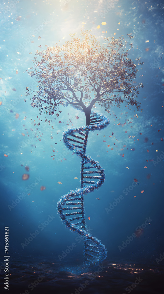 Aufkleber a surreal tree emerging from a double helix structure symbolizes the connection between nature and g