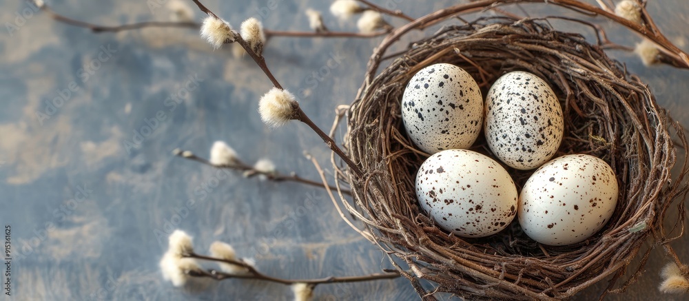 Poster natural eggs in a nest alongside pussy willow branches a simple and stylish easter decoration for ta