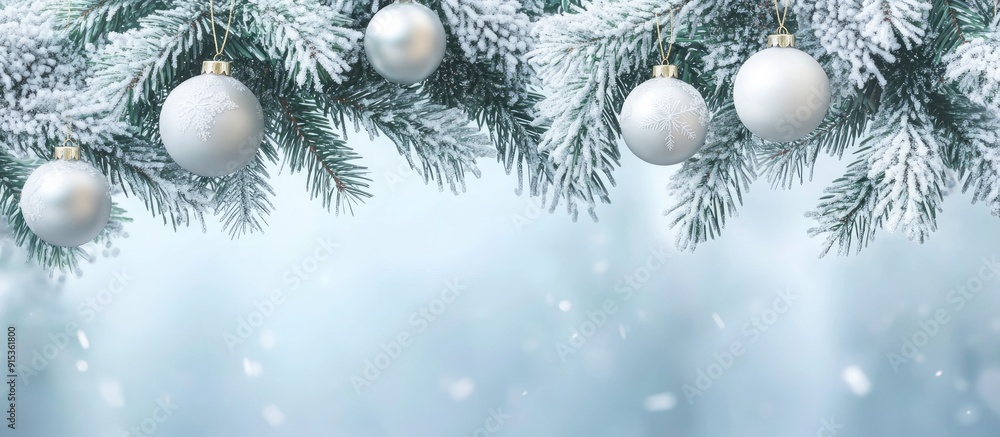 Poster pine branches covered in white frost with christmas balls hanging from them christmas and new year. 
