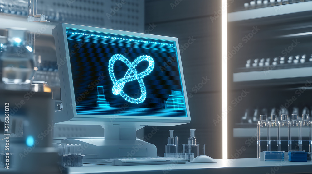 Poster a computer monitor displays a glowing dna double helix graphic in a modern laboratory filled with sc