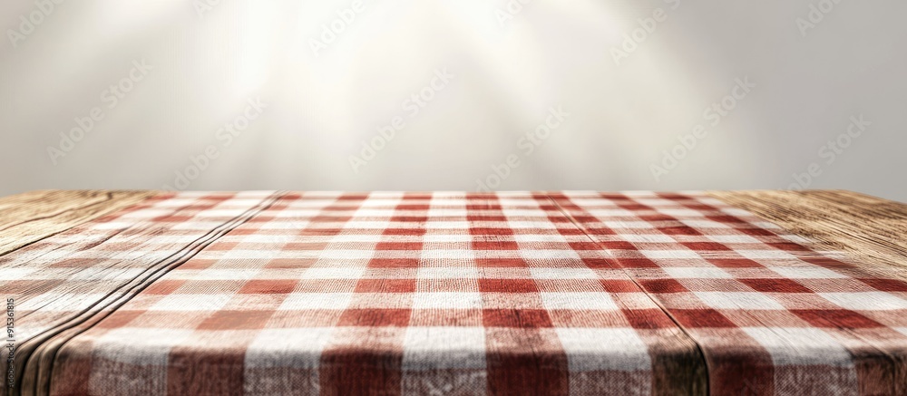 Poster A wooden table with a checkered tablecloth. with copy space image. Place for adding text or design