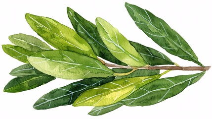 Obraz premium This image depicts a hyper-realistic watercolor painting of green leaves on a branch, showcasing detailed veins and vibrant hues, perfect for naturalistic and botanical aesthetics.