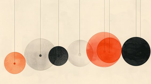 This image features an abstract geometric art piece, highlighting overlapping circles in varied sizes with red, black, and beige hues, creating a modern and minimalist visual aesthetic.