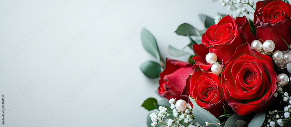 Aufkleber wedding bouquet featuring red roses and pearls set against a white background. with copy space image
