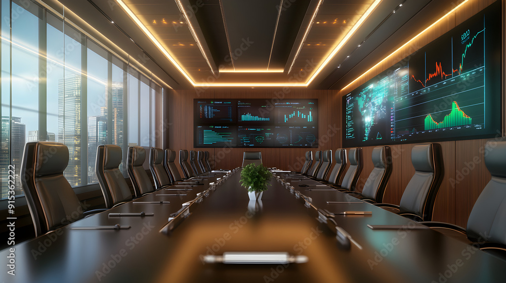 Poster a modern conference room features a large table, comfortable chairs, and high-tech screens displayin