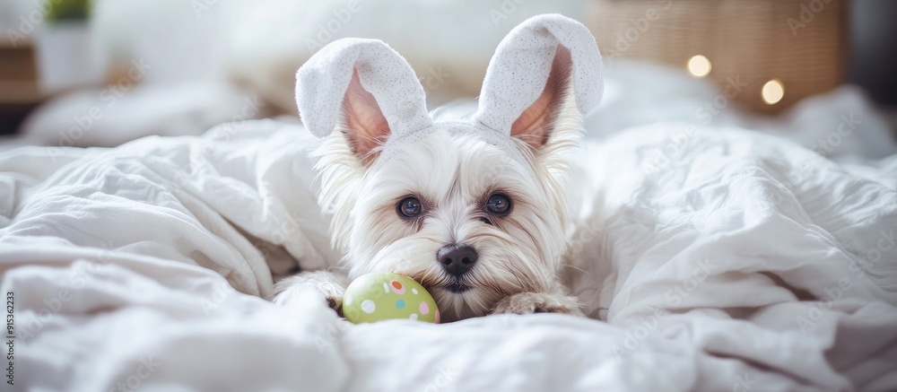 Aufkleber Cute Maltese puppy wearing Easter rabbit ears lies on a bed with a painted egg under a warm white blanket at home Empty space for text. with copy space image. Place for adding text or design
