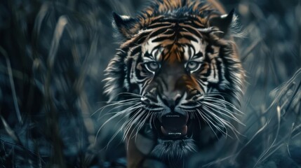 A majestic tiger stands amidst the tall grasses of a jungle,