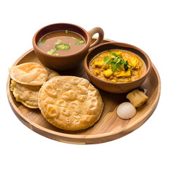 Indian Breakfast : Indian breakfast includes puri, masala omelette, and chai tea, breakfast set, studio lighting, isolate on white background, photo, 4k