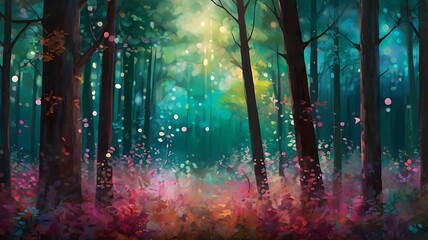 Obraz premium Vibrant, stylized digital painting of a forest. The layout features tall, slender trees with dark trunks and branches, colorful fantasy jungle