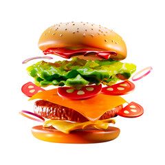 Delicious ingredients of a classic burger, isolated illustration on white background. 3D rendering