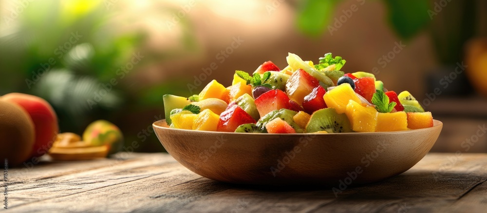 Poster Tasty exotic fruit salad and components on a wooden table. with copy space image. Place for adding text or design