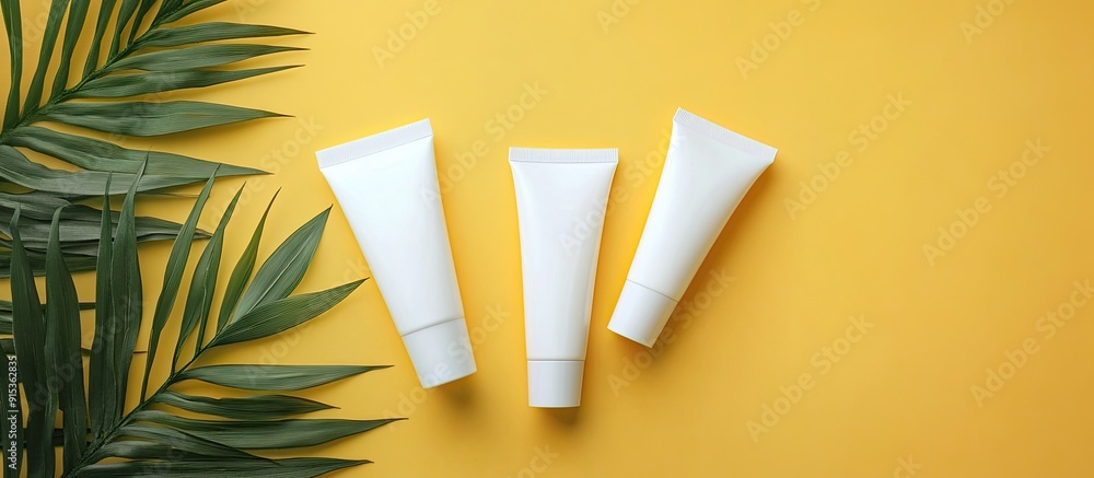 Poster Isolated SPA cosmetic items white tubes branding mockup top view on a colored background. with copy space image. Place for adding text or design
