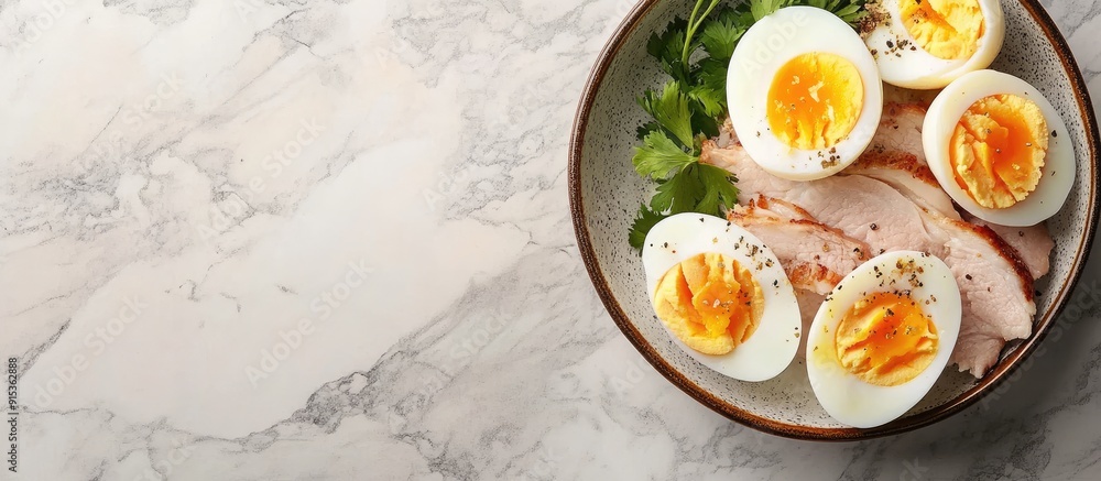 Poster boiled eggs and pork. with copy space image. place for adding text or design