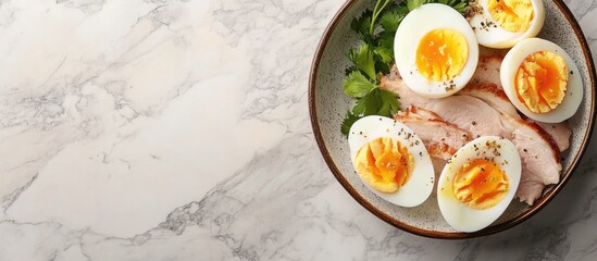 Boiled eggs and pork. with copy space image. Place for adding text or design