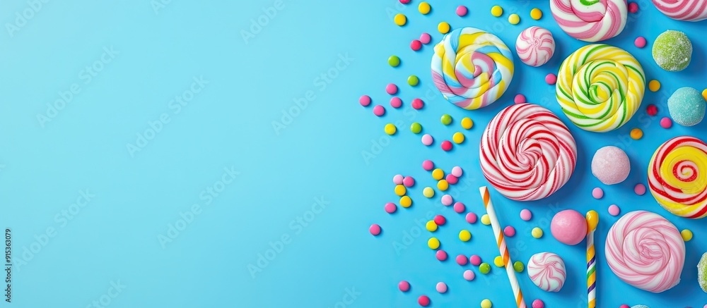 Leinwandbilder colorful sweet lollipops and candies on a blue background flat lay top view. with copy space image. 
