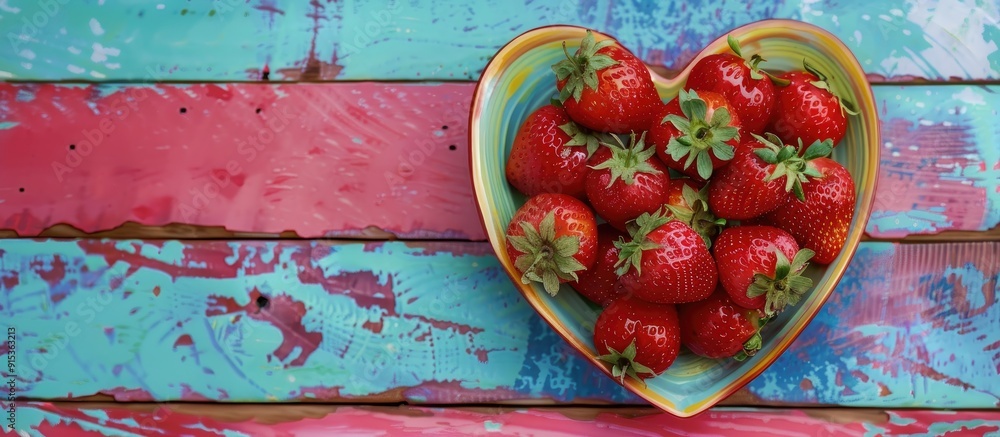 Poster red ripe strawberries on a heart shaped plate set against a colorful wooden background. with copy sp