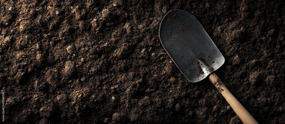 Poster the spade tills the garden soil. with copy space image. place for adding text or design