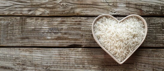White rice in a heart shaped container on a wooden table. with copy space image. Place for adding text or design