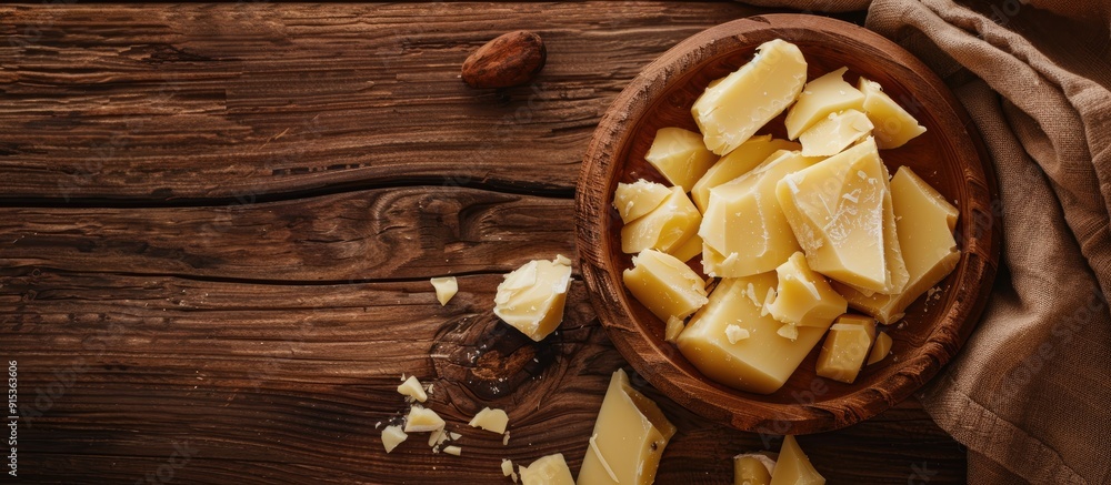 Aufkleber Flat lay arrangement featuring organic cocoa butter on a wooden table Room for text. with copy space image. Place for adding text or design