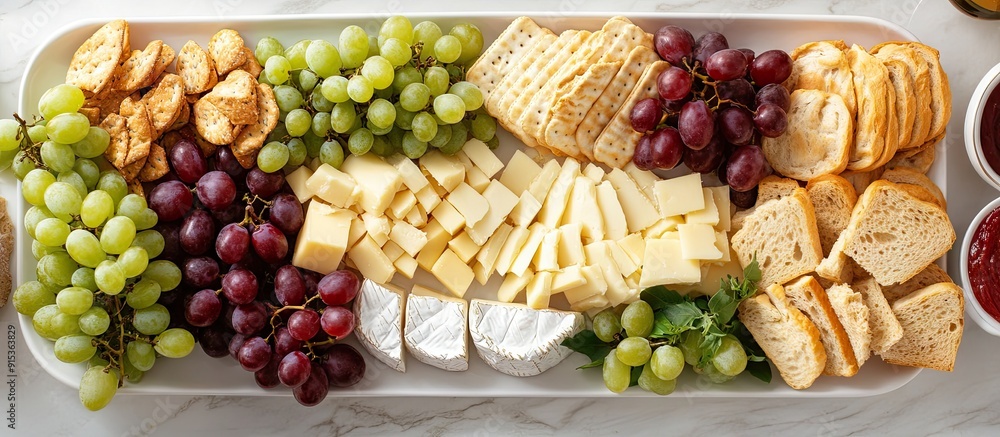 Poster top view of a cheese platter featuring assorted grapes bread and crackers. with copy space image. pl