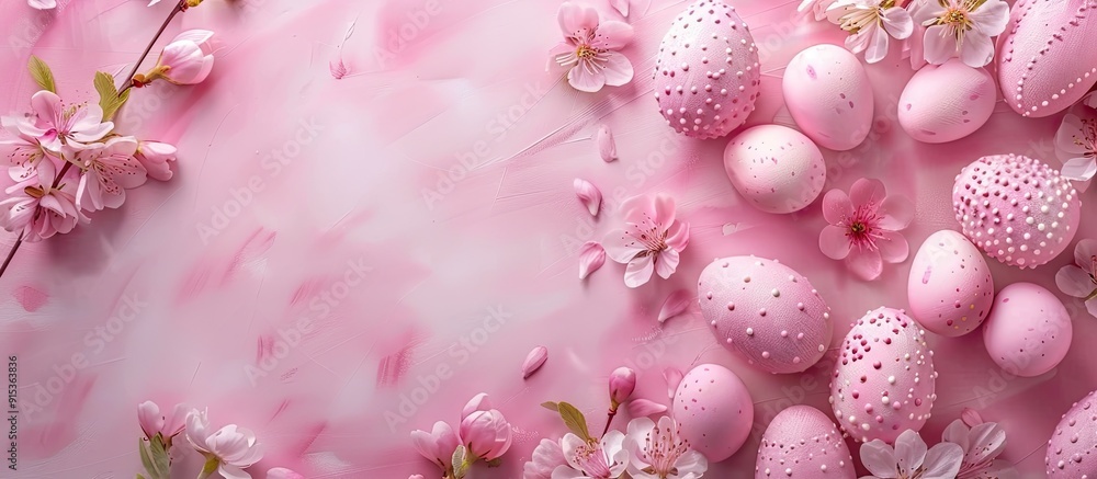 Poster easter backdrop featuring pink handmade easter eggs and spring flowers top view flat lay background 