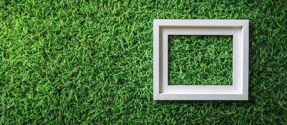 Poster blank white wooden frame on green grass backdrop. with copy space image. place for adding text or de