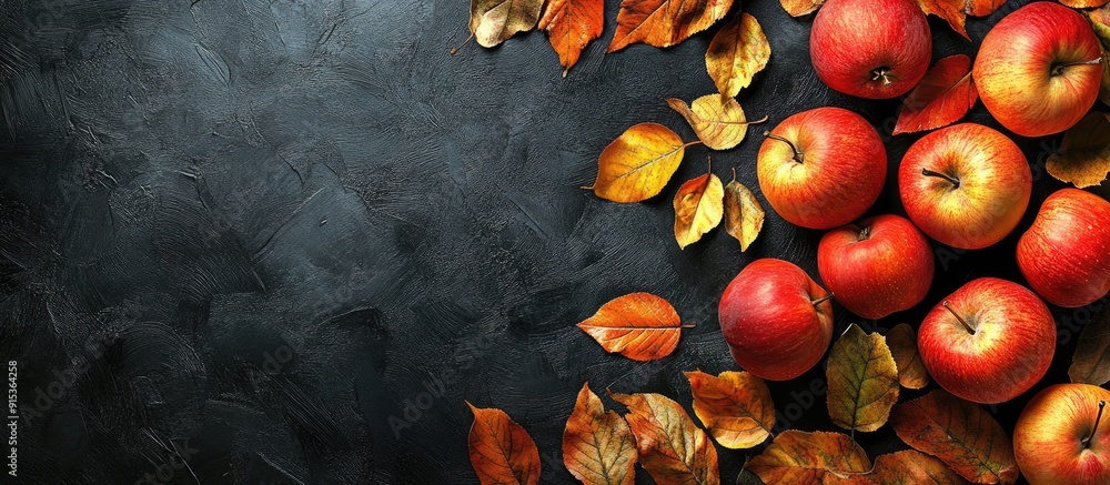 Poster apples and fall leaves on a black background. with copy space image. Place for adding text or design
