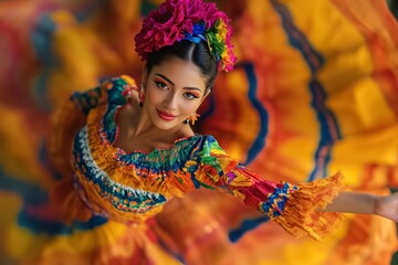 Latin woman wearing colorful dress with flower headdress dancing traditional folkloric dance