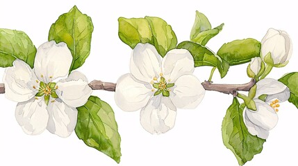 Fototapeta premium A serene watercolor artwork depicting white flowers in full bloom, paired with green foliage on a slender branch, capturing the essence of nature's simplicity and elegance.