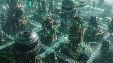 Create an image of a floating city, filled with holographic displays of intricate neural networks, viewed from above like a futuristic circuit board