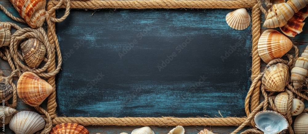 Aufkleber sea travel frame decoration featuring seashells and rope on a wooden background with a blackboard. w
