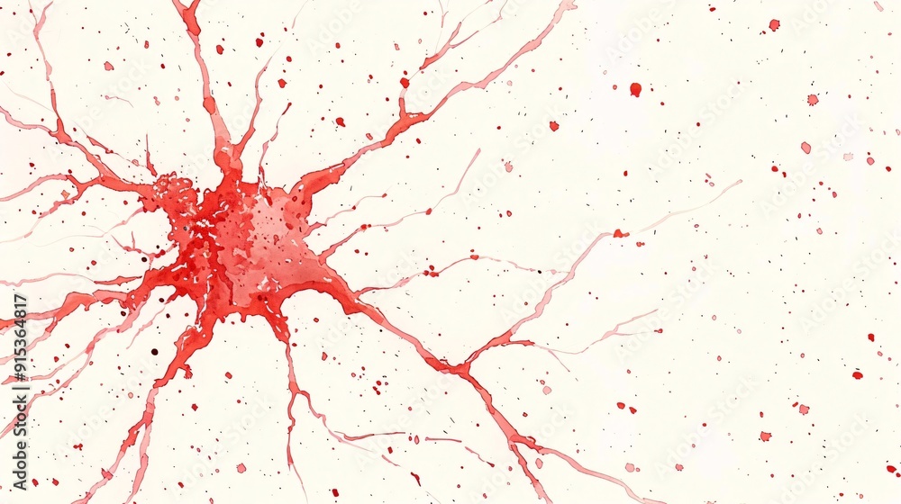 Poster an expressive abstract watercolor artwork with a red splash that branches out organically, presentin