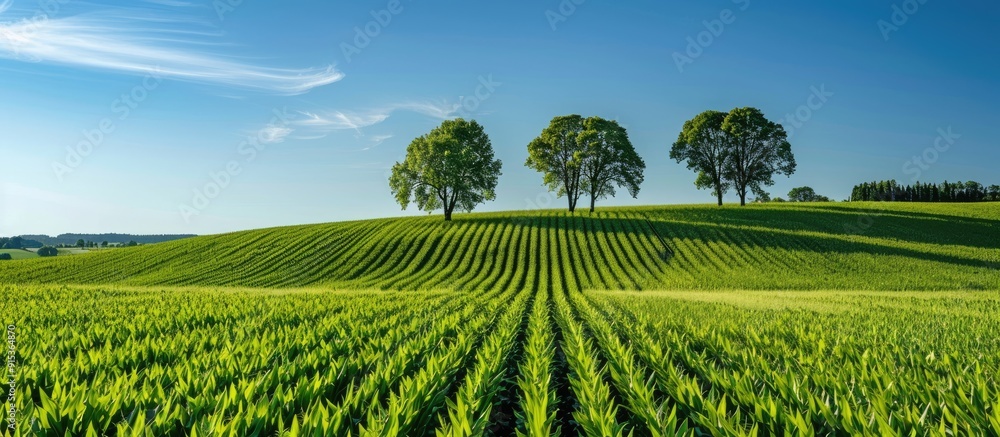 Poster Pine tree located in a green cornfield under the blue sky. with copy space image. Place for adding text or design