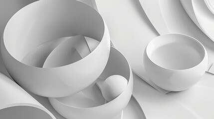 Various white bowls and plates are curated together, showcasing their elegant shapes and smooth textures