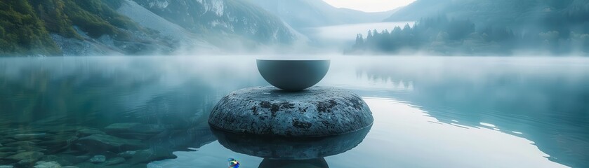 Illustrate a minimalist sculpture inspired by surrealism floating above a tranquil lake surrounded by mist, shot from a birds eye view for a dreamlike effect