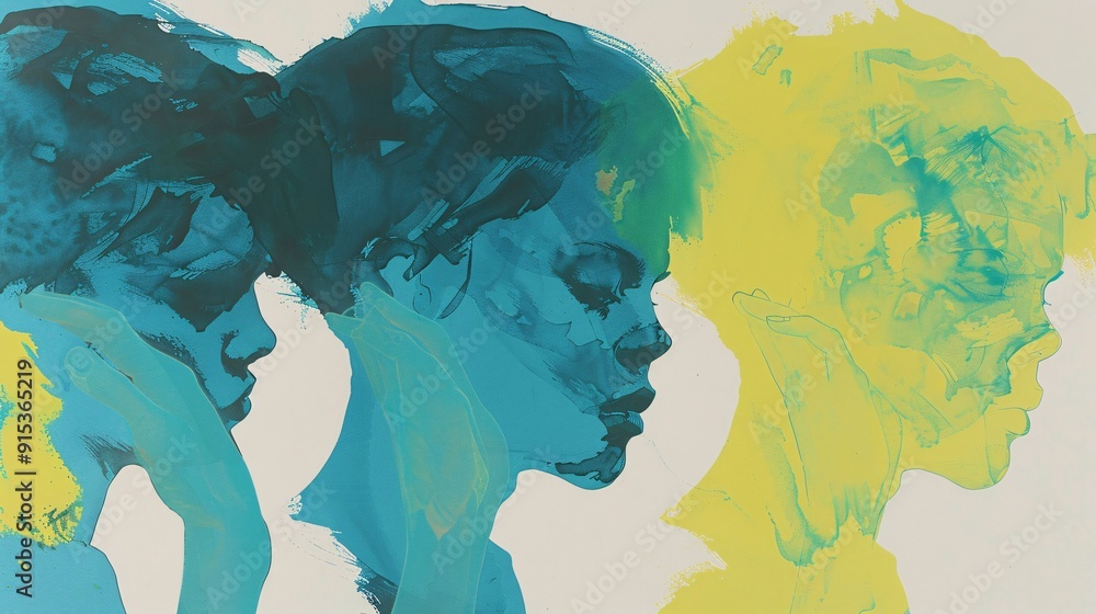 Poster an abstract painting depicting three silhouetted figures in various shades of blue, set against a bl