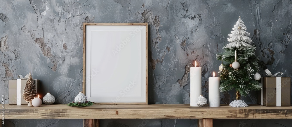 Poster christmas mockup featuring a white frame and tree decorations a portrait frame rests on a wooden she