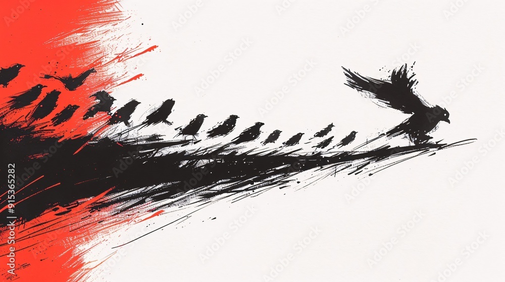 Poster this image showcases a dynamic flock of black birds in flight, vividly portrayed using expressive br