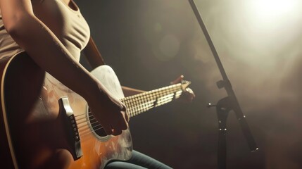 Obraz premium Close-up of a woman playing an acoustic guitar.