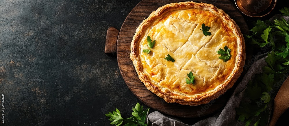 Aufkleber savory pie with cheese filling a fresh and healthy meal or snack option placed on the table with copyspace for a food background rustic top view