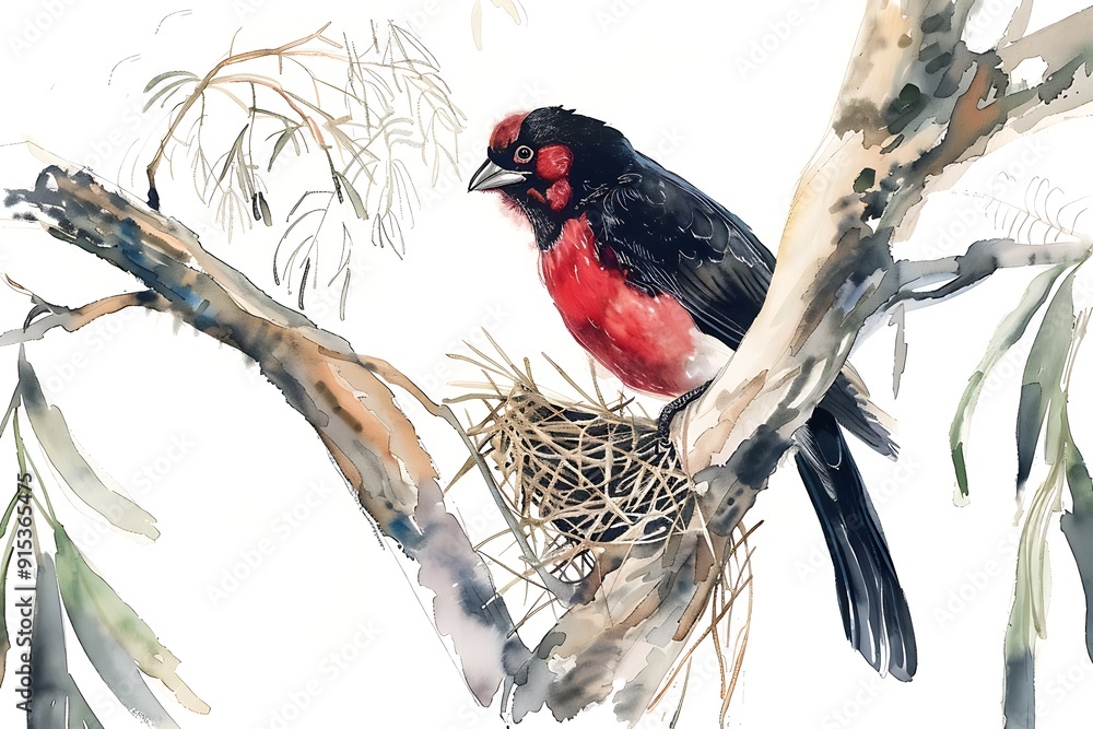 Canvas Prints Watercolor Painting of a Red-Crested Cardinal in a Tree with a Nest.