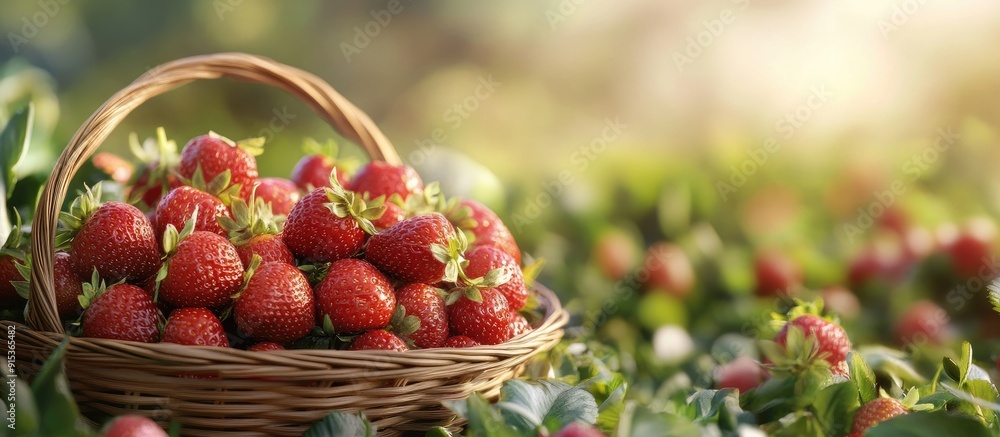 Poster strawberries in a basket in the yard. with copy space image. place for adding text or design